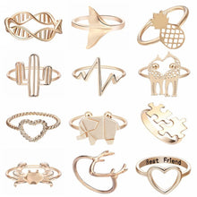 Load image into Gallery viewer, QIAMNI DNA Fish Tail Pineapple Molecule Heart Puzzle Pulse Ring for Women Elephant Deer Crab Ring Best Friend Birthday Gift